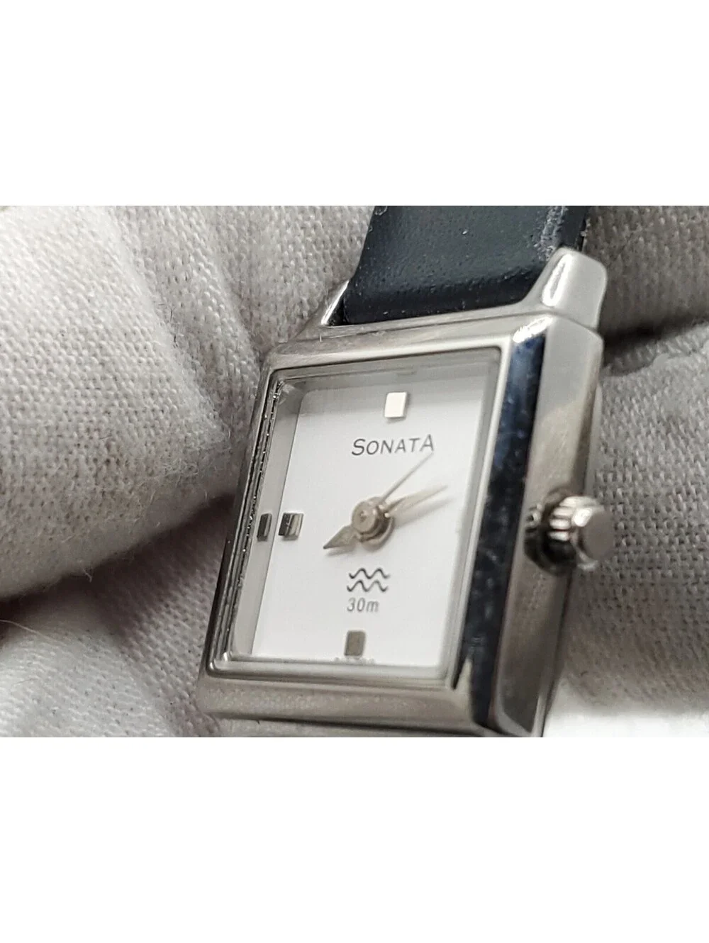 Sonata Quartz Watch Womens New Battery Silver Tone Black Band Square 17mm